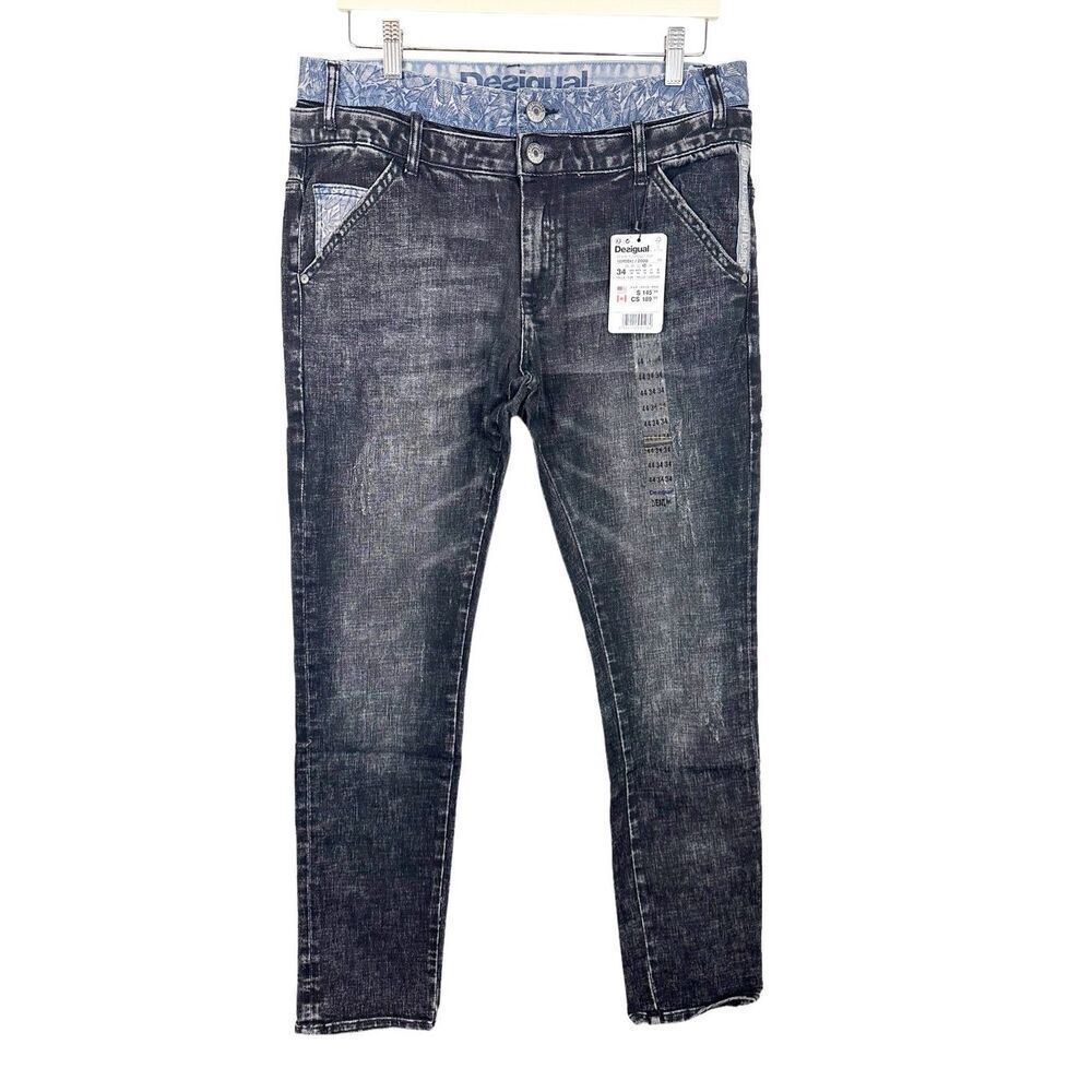 Desigual Men's 34 Florenci Jean Dark Acid Wash Double Floral Waistband Denim New